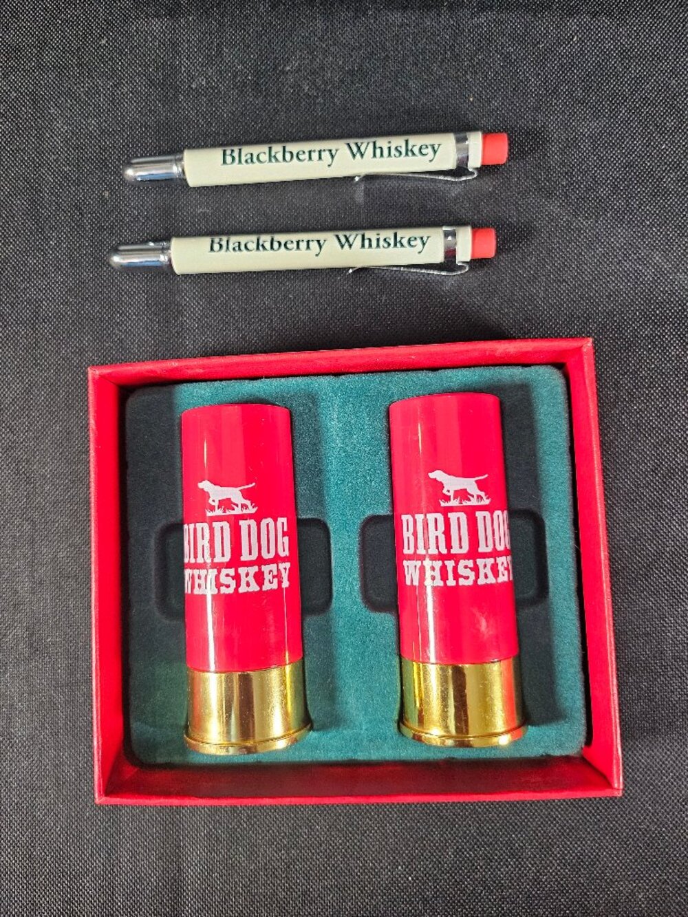 Rare Bird Dog Whiskey Promotion Set 2 Shotgun Shell Shot Glasses 2 Pins Gift Box
